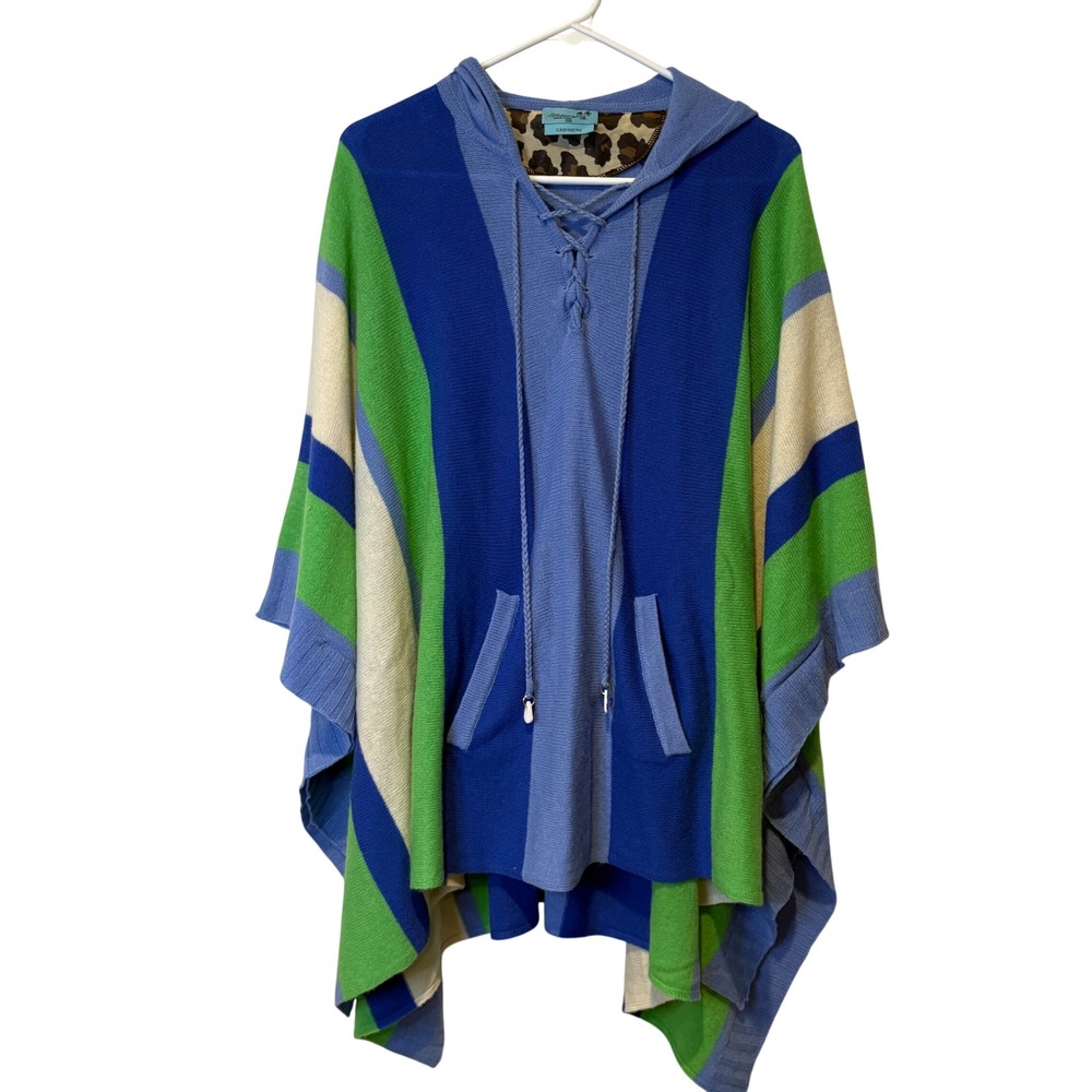 Letarte Handmade Cashmere Poncho Hoodie Striped Blue Green‎ Cream Lace Up S/M
